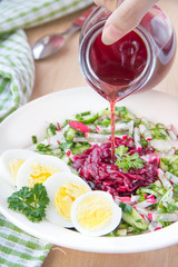 Traditional cold Lithuanian summery soup made of beets, cucumber