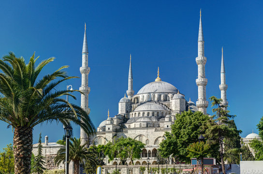 Blue Mosque (Sultanahmet Camii) on sky background, Istanbul, Turkey