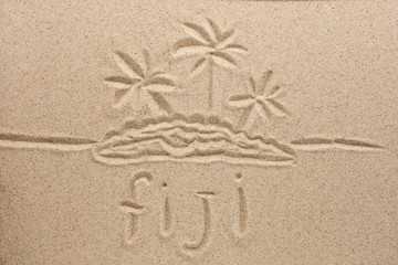 Fiji handwritten in sand for natural, symbol - obrazy, fototapety, plakaty
