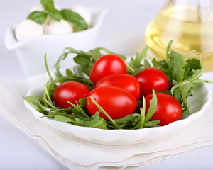 Ingredients for salad with arugula, tomatoes and mozzarella mini
