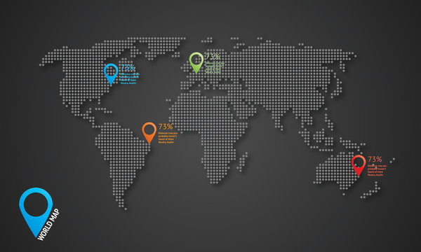 Dotted vector world map with shadows and map icons