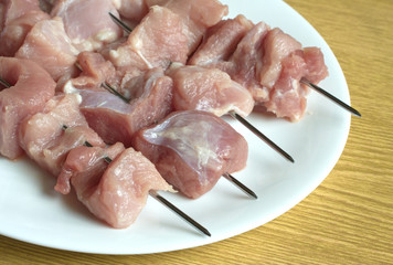 Raw sliced barbecue on white plate closeup
