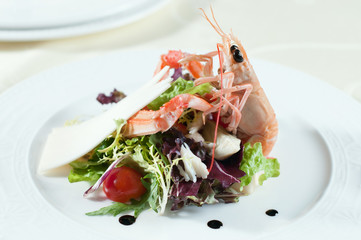 Vegetable salad with crayfish, horizontal shot