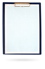 A clipboard complete with blue graph paper on white