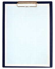 A clipboard complete with blue graph paper on white