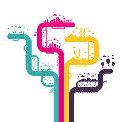 Abstract tree with abstract landscapes. Vector illustration.