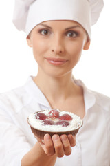 Woman cook holding cake, isolated on white background