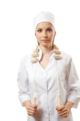 Doctor with wooden massage tool , isolated on white background