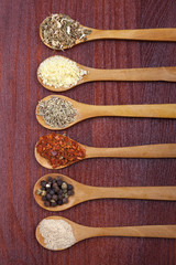 Spices in a wooden spoons on table