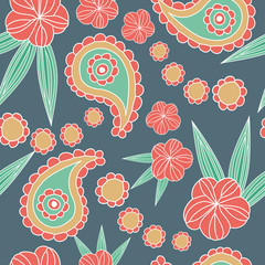 Seamless pattern of paisley and flower background