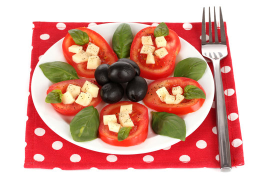 Cheese mozzarella with vegetables in the plate isolated on