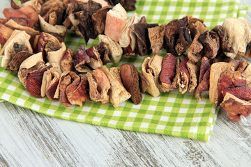 Dried mushrooms on wooden background