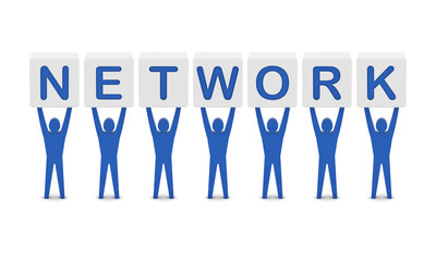 Men holding the word network. Concept 3D illustration.