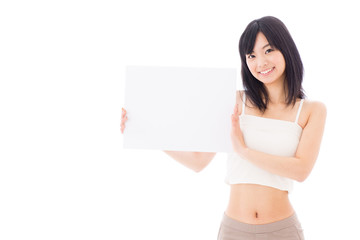 attractive asian woman holding blank whiteboard
