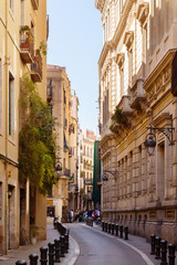 Street in old European city -Barri Gotic.  Barcelona