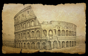 Colosseum painted by ink on old paper