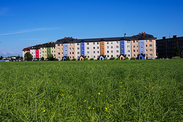 Fototapeta na wymiar new apartment blocks surrounded by green fields