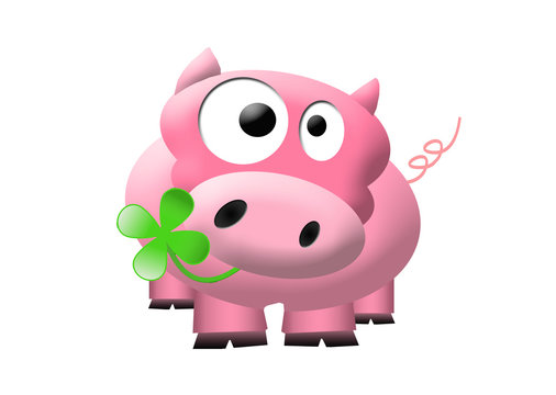 Illustration of cute pink pig with a cloverleaf in his mouths