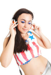 Young woman with headphones.  girl listening to music in headpho