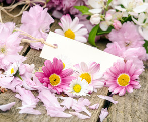Obraz premium Liebe Grüße: Gutschein mit Margeriten und Kirschblüten