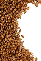 Coffee Border.  brown coffee beans isolated on white background.