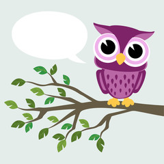 cute baby owl sitting on a branch with text balloon