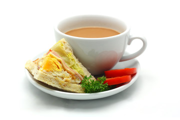 Egg sandwich and cup of coffee on a white background