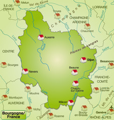 Obraz premium Landkarte der Region Bourgogne in Frankreich