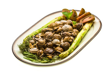 Escargot with asparagus, rosemary, thymus and tomato