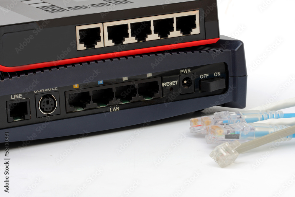 Fototapete ethernet switch isolated and router connect on white background