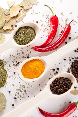 red peppers and other kind of spices in spoons
