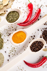 red peppers and other kind of spices in spoons