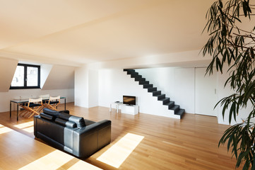 Interior, beautiful loft, hardwood floor, view living room