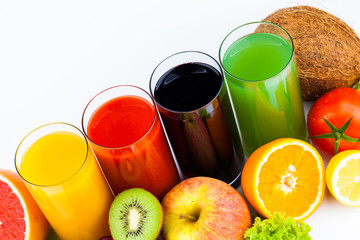 Fresh  juices and fruits isolated on white