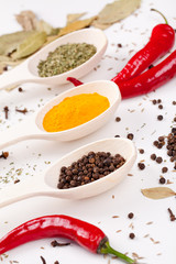 red peppers and other kind of spices in spoons