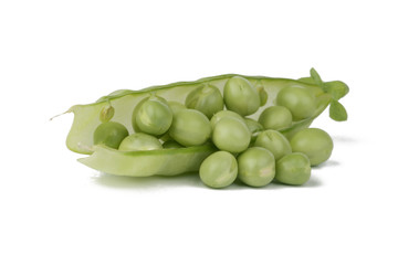 Ripe pea vegetable with green leaf isolated on white background