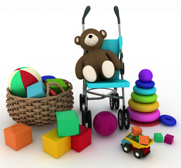 3d render illustration of child's toys in small basket and pram