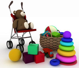 Obraz premium 3d render illustration of child's toys in small basket and pram