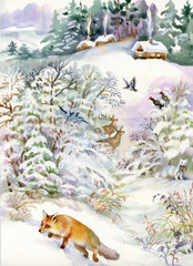 Winter landscape with a house and a fox