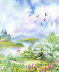 Spring landscape with swallows - 53129076