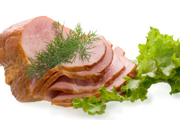 Sliced ham isolated on white background.
