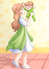 Cartoon illustration of a mother holding her baby