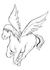 Outlined illustration of a pegasus