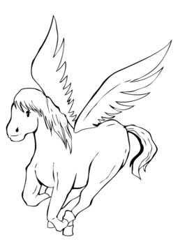Outlined illustration of a pegasus