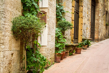 Fototapeta na wymiar Ancient street decorated with flowers, Italy