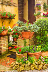 Beautiful porch decorated with flowers in the countryside, Italy