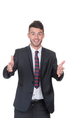 Welcome gesture by smart business man - on white