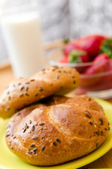 light breakfast on wooden tray