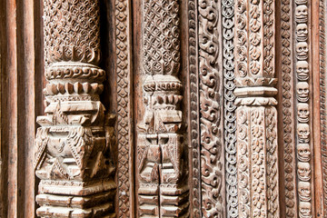 Part of carved wooden door on Hanuman Dhoka in Kathmandu,  Nepal