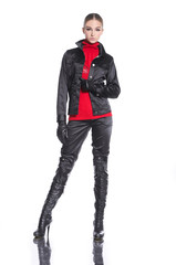 Fototapeta premium Full body fashion model in fashion dress ,gloves posing